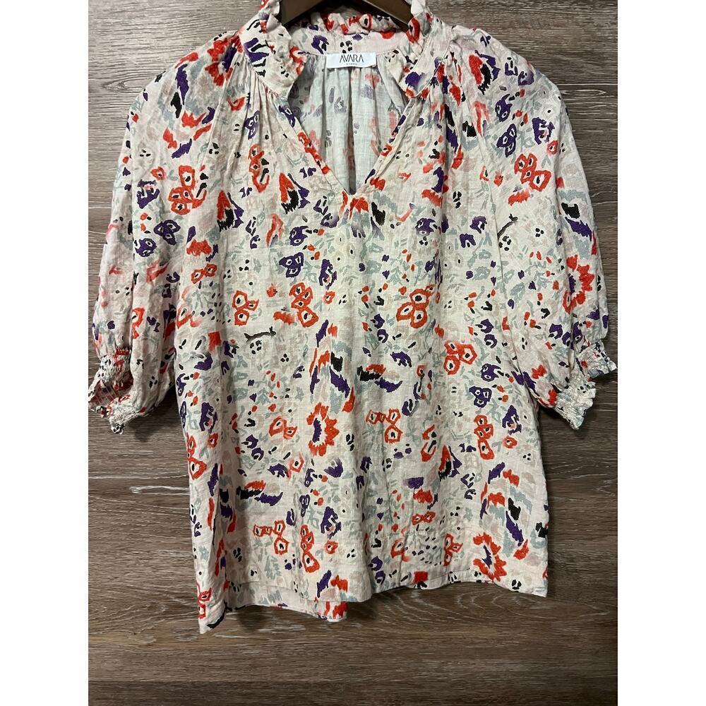 Avara top floral Puff short sleeves size XS Cotton V neck classic